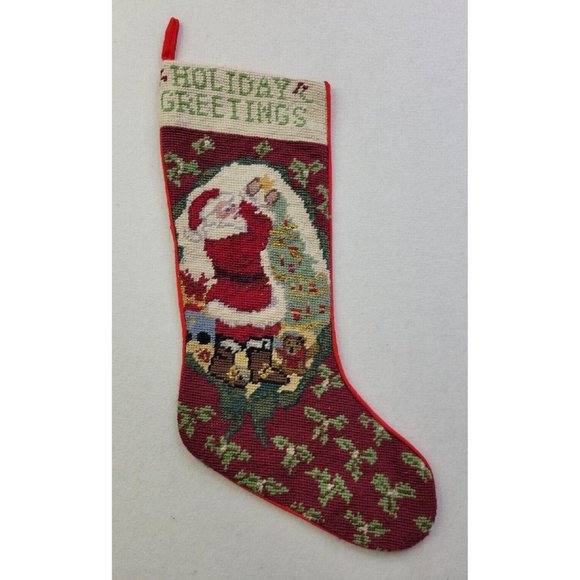 Vintage Handmade Needlepoint Christmas Stocking 20" Holiday Greetings Santa Tree